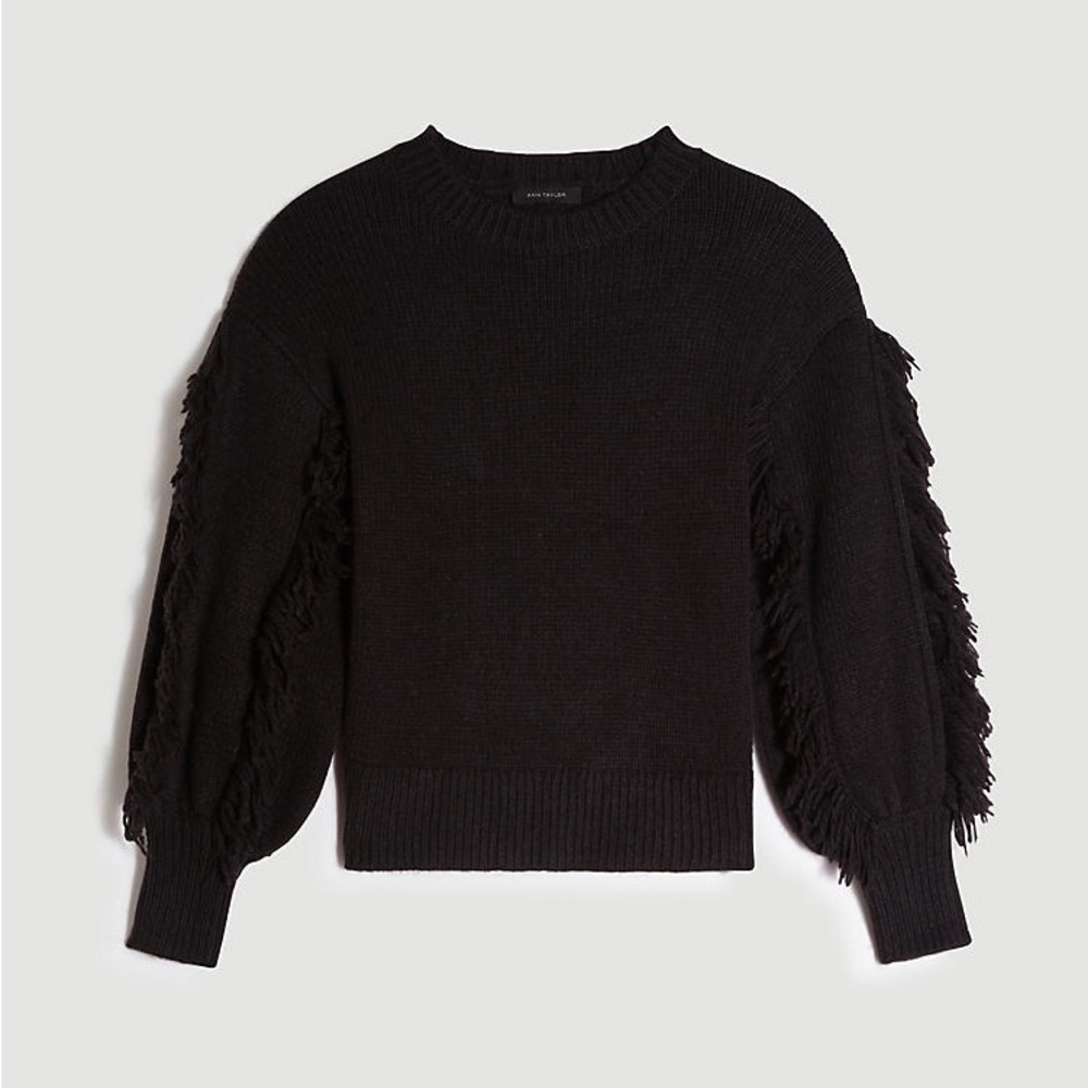 Ann Taylor Black Crewneck Sweater with Fringe Sleeve Detail